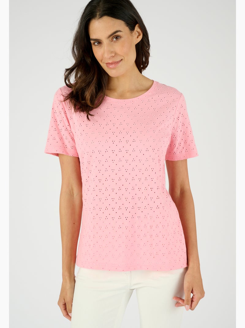 T-shirt maille brodée pur coton - Damart Rose - Kiabi