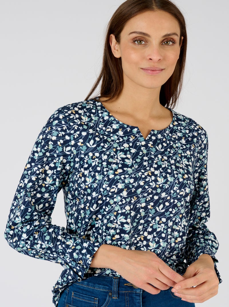 T-shirt maille chaude fleurie - Damart Bleu marine - Kiabi