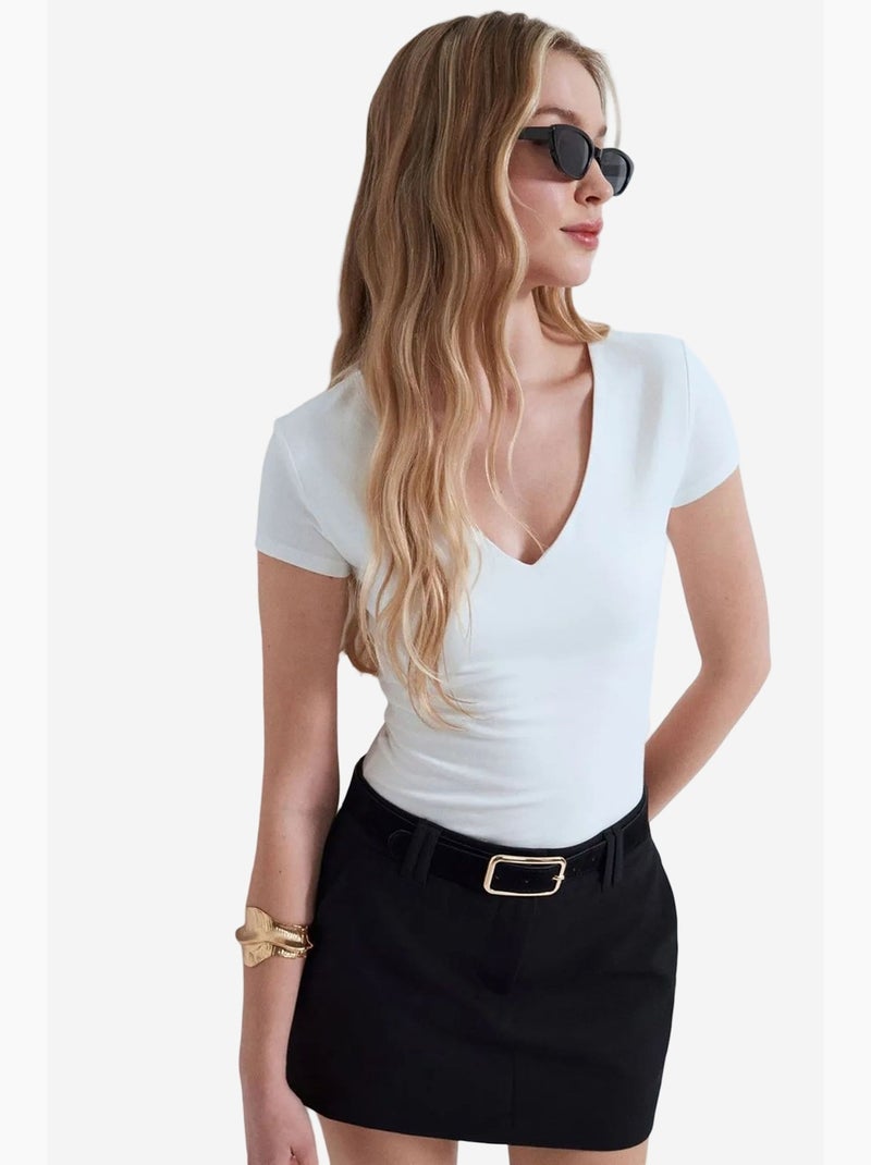 T-shirt maille col v manches courtes dilvin Blanc cassé - Kiabi