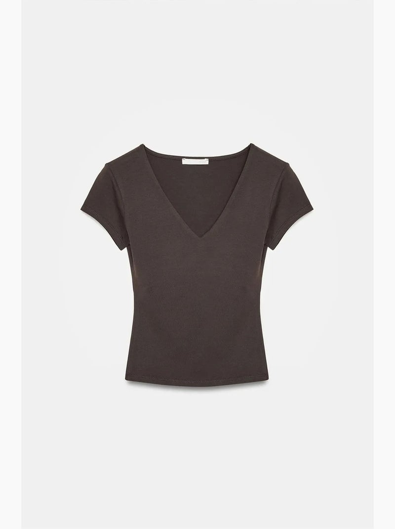 T-shirt maille col v manches courtes dilvin Marron foncé - Kiabi