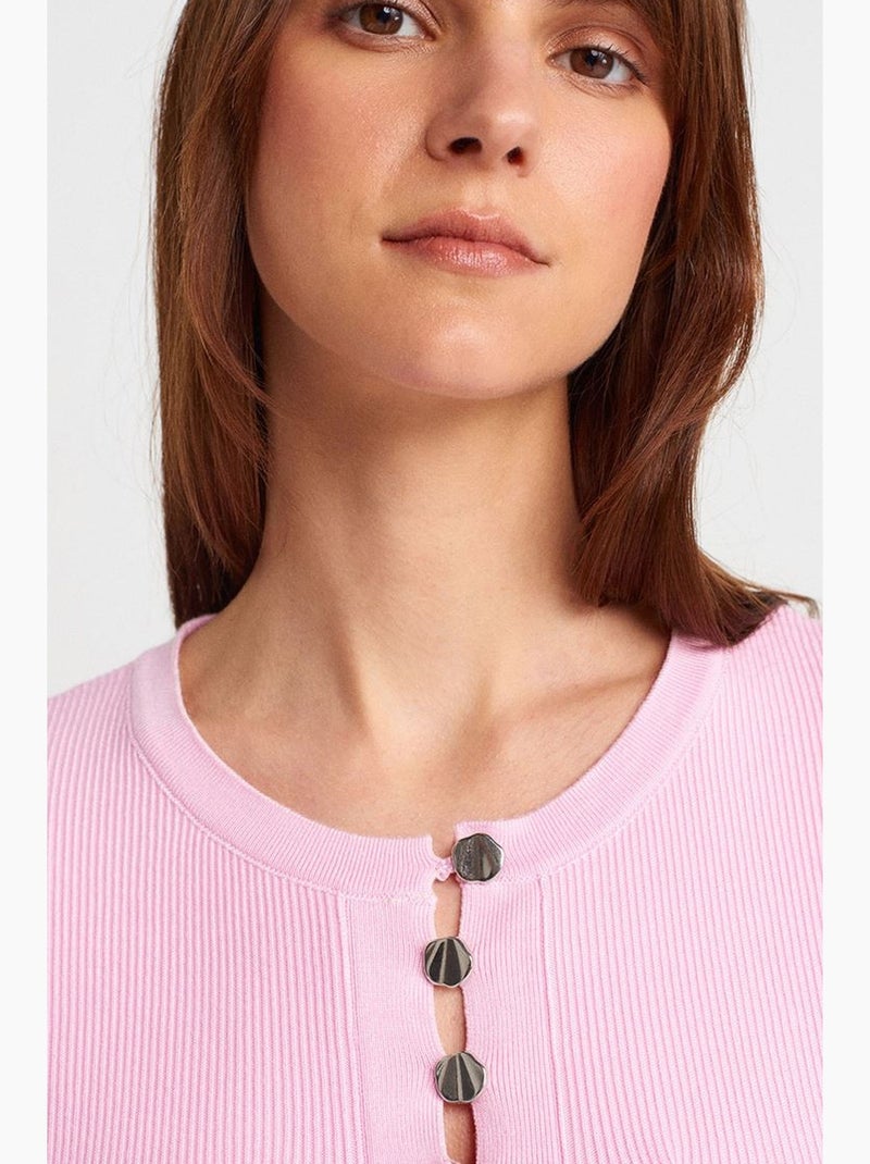 T-shirt maille côtelée détail boutons manches courtes dilvin Rose dragée - Kiabi