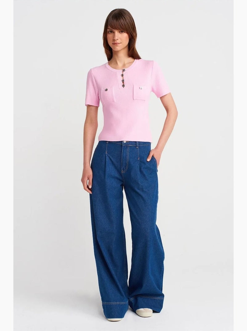 T-shirt maille côtelée détail boutons manches courtes dilvin Rose dragée - Kiabi