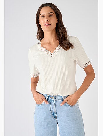 T-shirt maille côtelée et dentelle - Damart