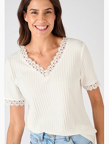 T-shirt maille côtelée et dentelle - Damart