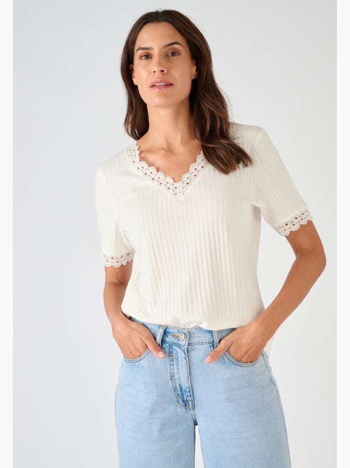 T-shirt maille côtelée et dentelle - Damart - Kiabi