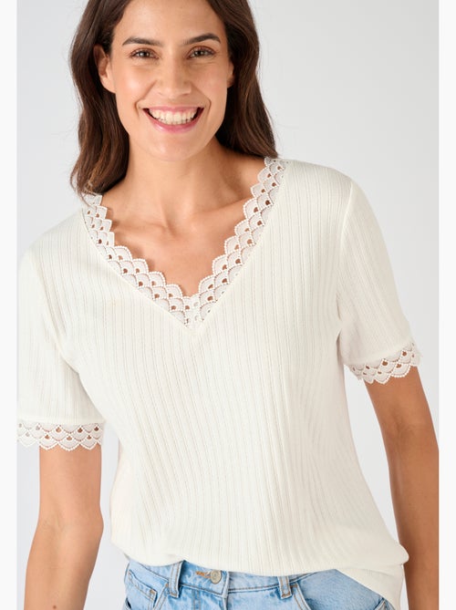 T-shirt maille côtelée et dentelle - Damart - Kiabi