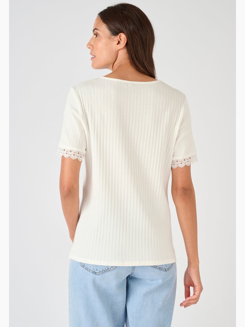 T-shirt maille côtelée et dentelle - Damart Blanc - Kiabi