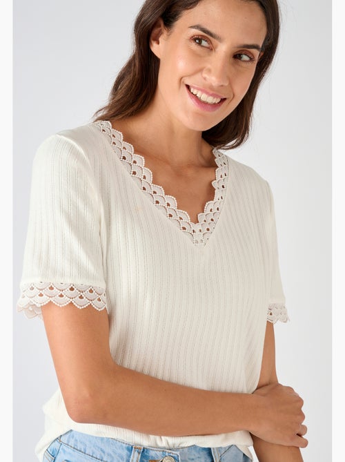 T-shirt maille côtelée et dentelle - Damart - Kiabi