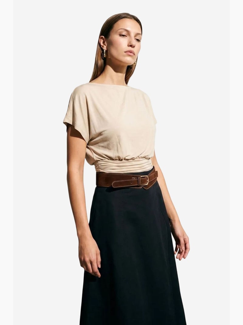 T-shirt maille détails ajourés col rond manches courtes dilvin Beige argile - Kiabi