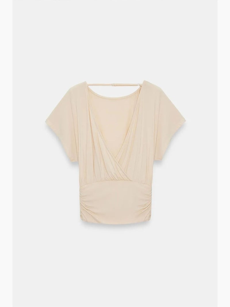 T-shirt maille détails ajourés col rond manches courtes dilvin Beige argile - Kiabi