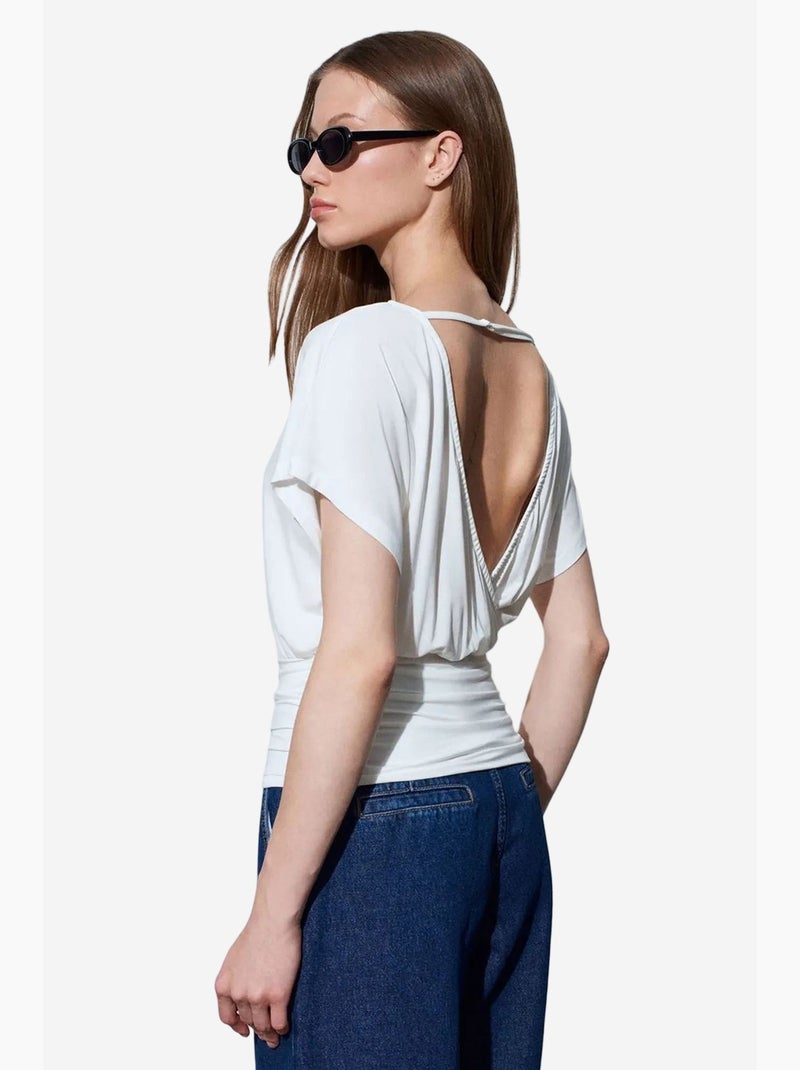 T-shirt maille détails ajourés col rond manches courtes dilvin Blanc - Kiabi