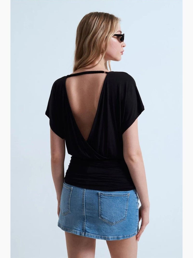 T-shirt maille détails ajourés col rond manches courtes dilvin Noir - Kiabi