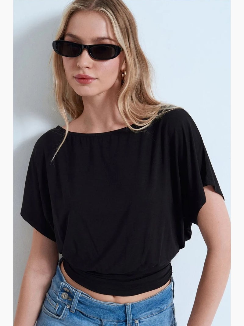 T-shirt maille détails ajourés col rond manches courtes dilvin Noir - Kiabi