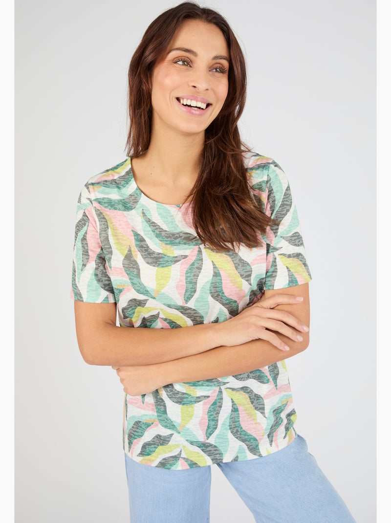 T-shirt maille dévorée imprimé végétal - Damart Vert - Kiabi