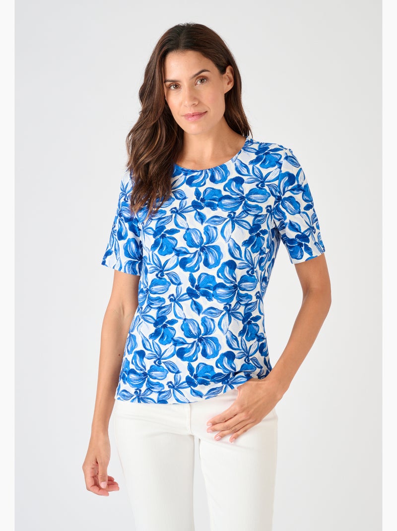 T-shirt maille gaufrée fleurie - Damart Bleu - Kiabi