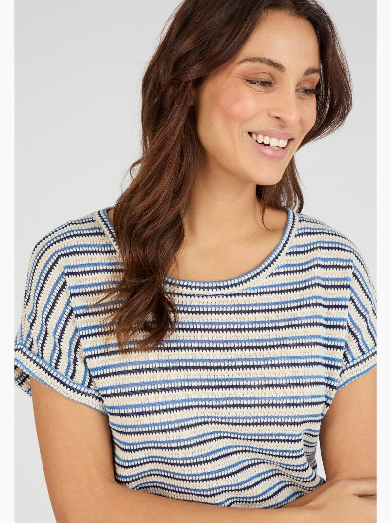 T-shirt maille jacquard rayée - Damart Bleu - Kiabi