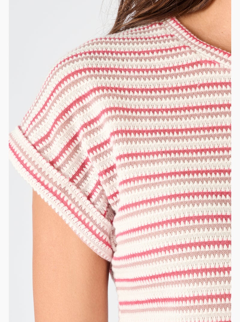 T-shirt maille jacquard rayée - Damart Rose - Kiabi