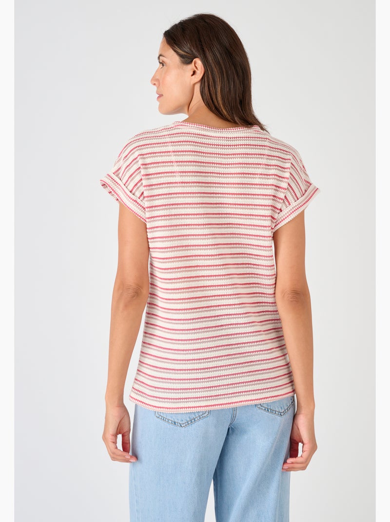 T-shirt maille jacquard rayée - Damart Rose - Kiabi