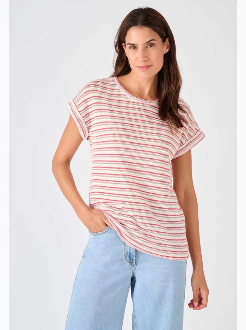 T-shirt maille jacquard rayée - Damart Rose - Kiabi