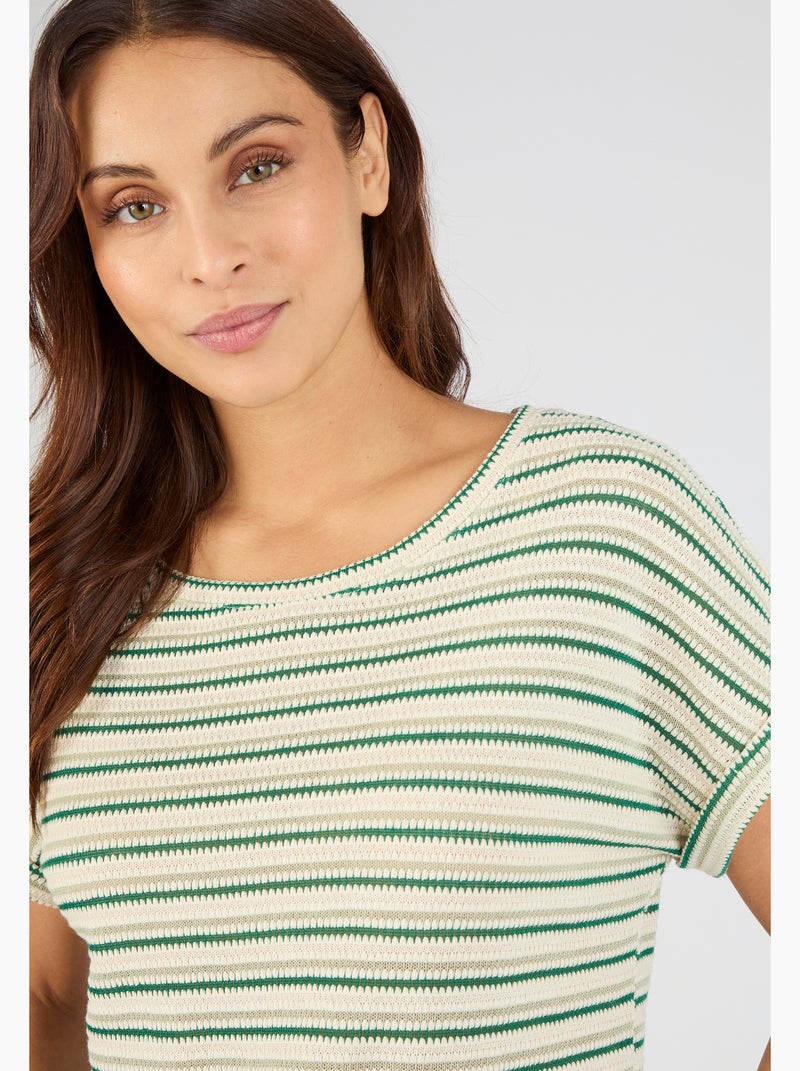 T-shirt maille jacquard rayée - Damart Vert - Kiabi