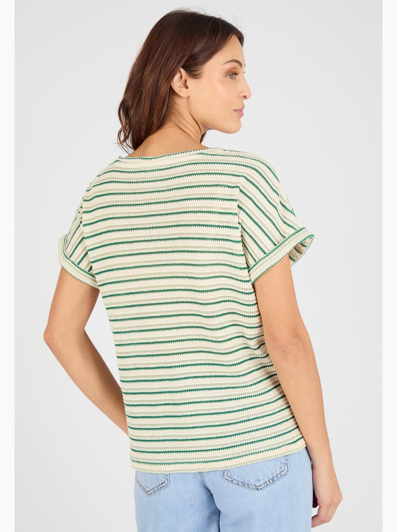 T-shirt maille jacquard rayée - Damart Vert - Kiabi