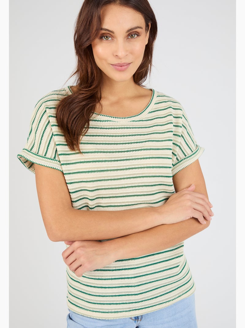 T-shirt maille jacquard rayée - Damart Vert - Kiabi
