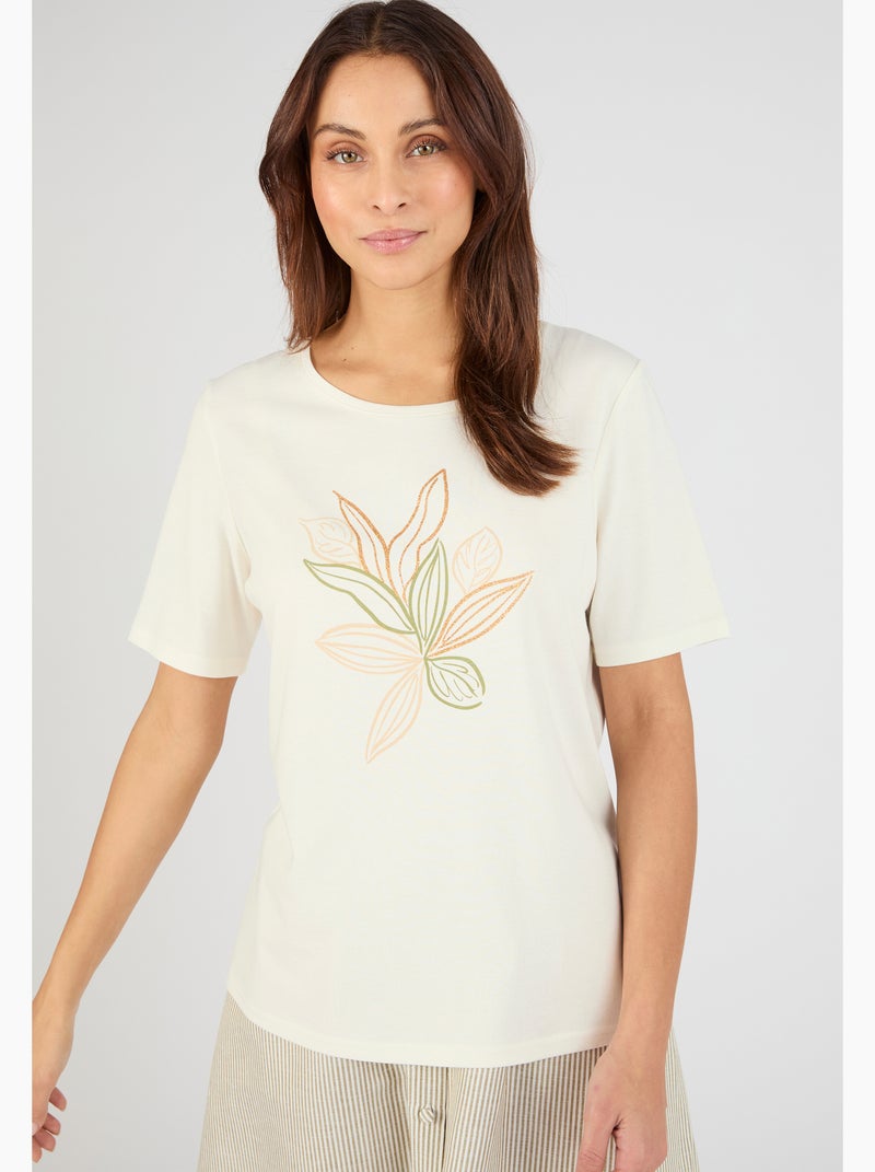 T-shirt maille jersey motif feuillage - Damart Blanc cassé - Kiabi
