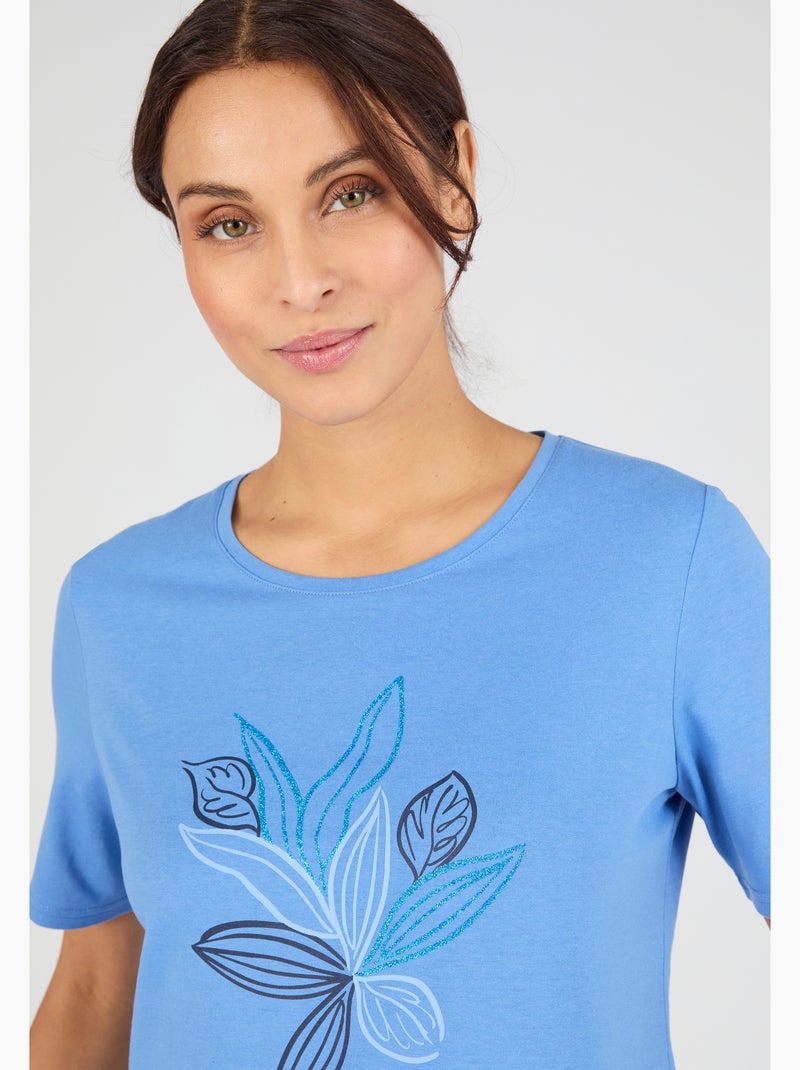 T-shirt maille jersey motif feuillage - Damart Bleu clair - Kiabi