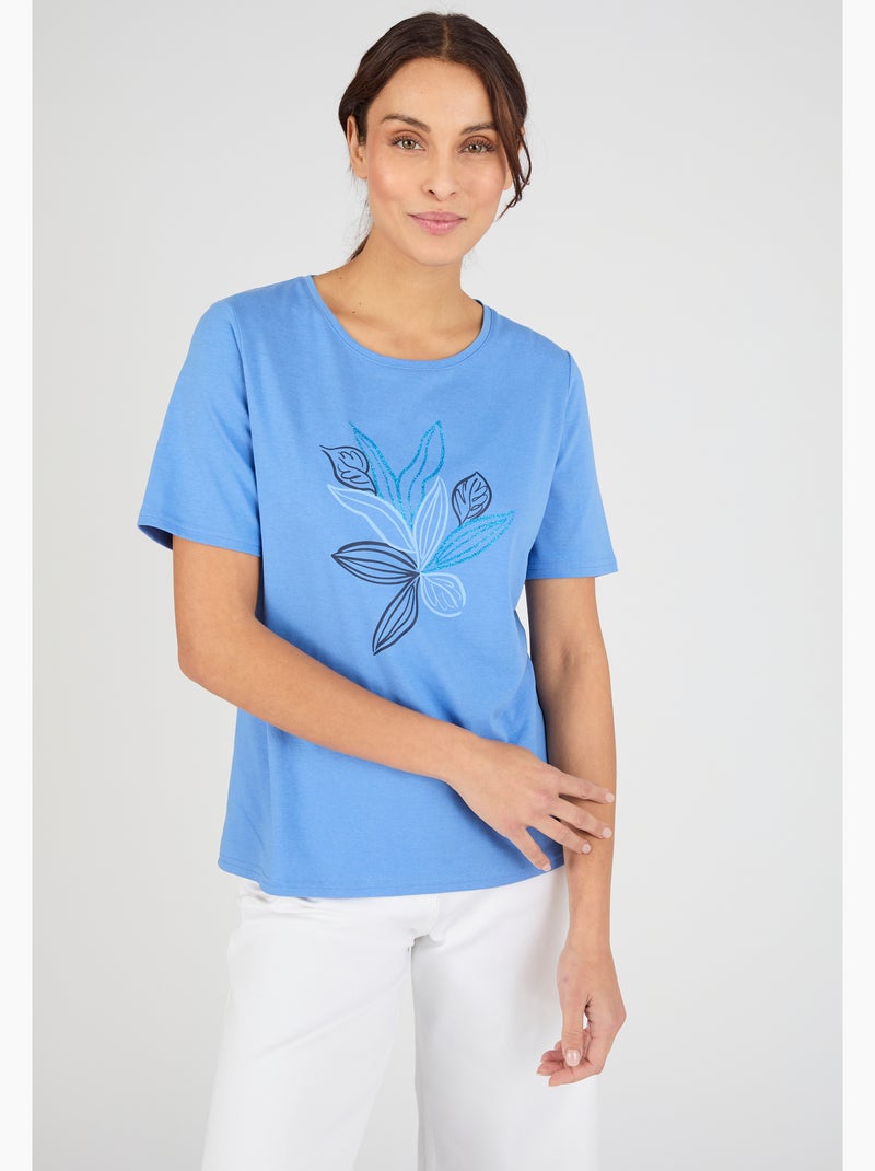 T-shirt maille jersey motif feuillage - Damart Bleu clair - Kiabi
