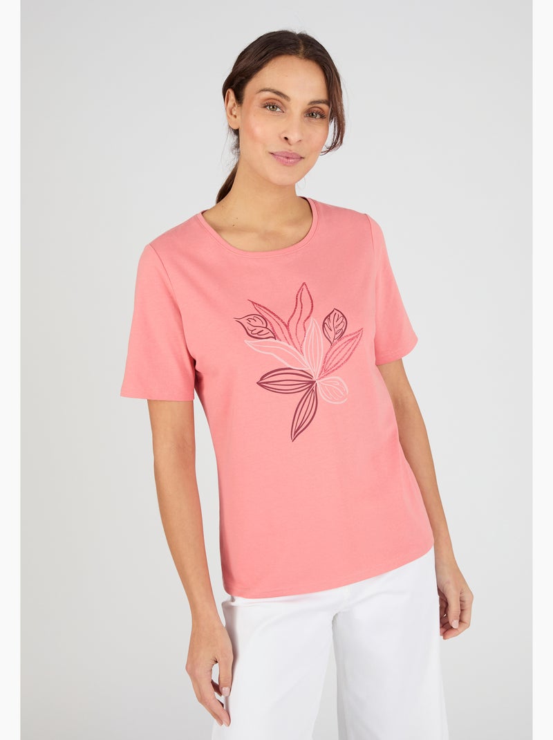 T-shirt maille jersey motif feuillage - Damart Rose pastel - Kiabi
