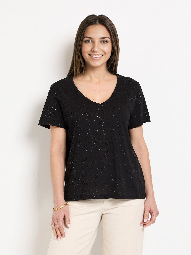 T-shirt maille pailletée manches courtes Noir - Kiabi
