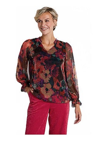 T-shirt maille résille plissée imprimé floral