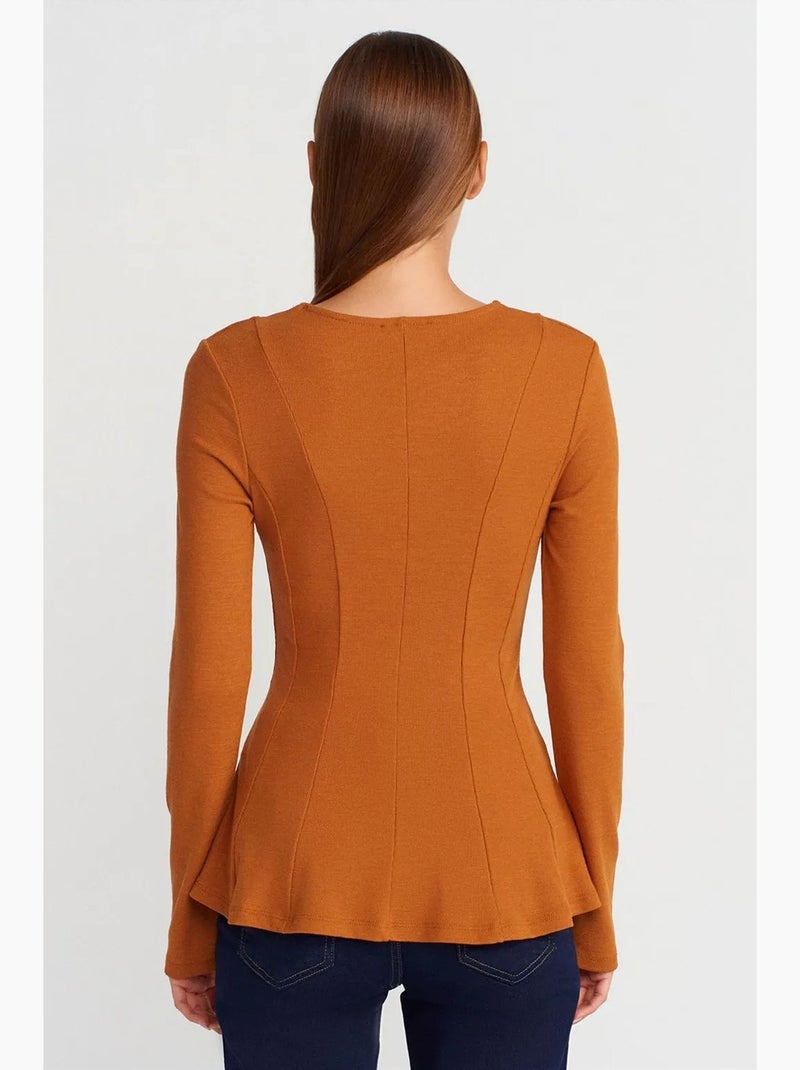T-shirt maille texturée bas volanté manches longues dilvin Camel - Kiabi