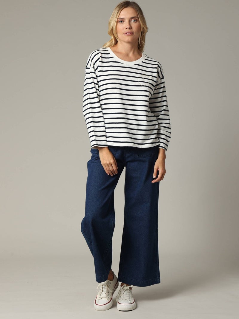 T-shirt manches 3/4 à rayures avec broderie cœur et mot "amour" sur le devant 'Deeluxe' Bleu marine - Kiabi