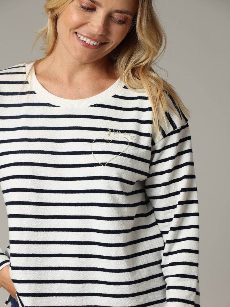 T-shirt manches 3/4 à rayures avec broderie cœur et mot "amour" sur le devant 'Deeluxe' Bleu marine - Kiabi