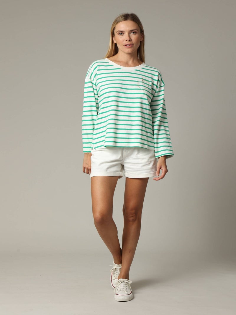 T-shirt manches 3/4 à rayures avec broderie cœur et mot "amour" sur le devant 'Deeluxe' Vert - Kiabi