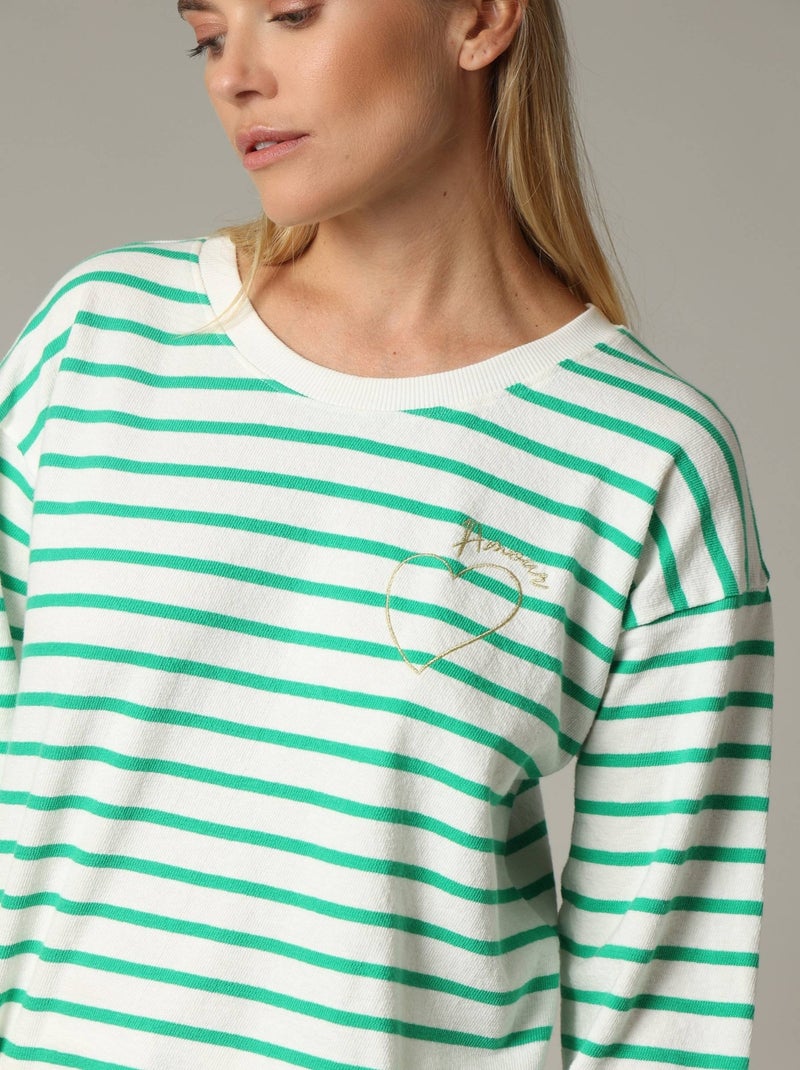 T-shirt manches 3/4 à rayures avec broderie cœur et mot "amour" sur le devant 'Deeluxe' Vert - Kiabi