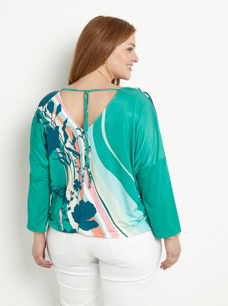 T-shirt manches 3/4 blousant à motif Rose/Vert - Kiabi