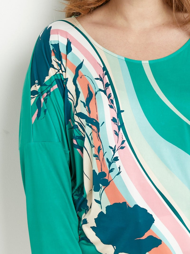 T-shirt manches 3/4 blousant à motif Rose/Vert - Kiabi