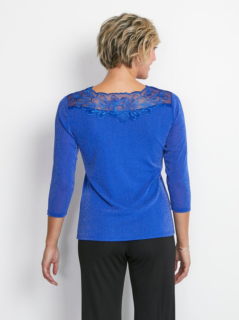 T-shirt manches 3/4 brodé brillant Bleu - Kiabi
