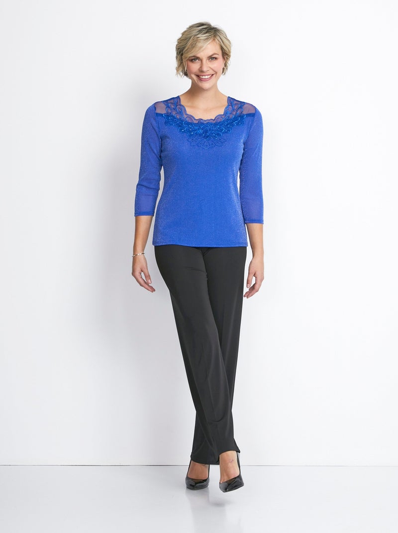 T-shirt manches 3/4 brodé brillant Bleu - Kiabi