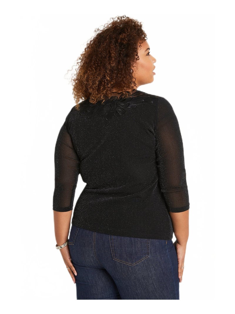 T-shirt manches 3/4 brodé brillant Noir - Kiabi