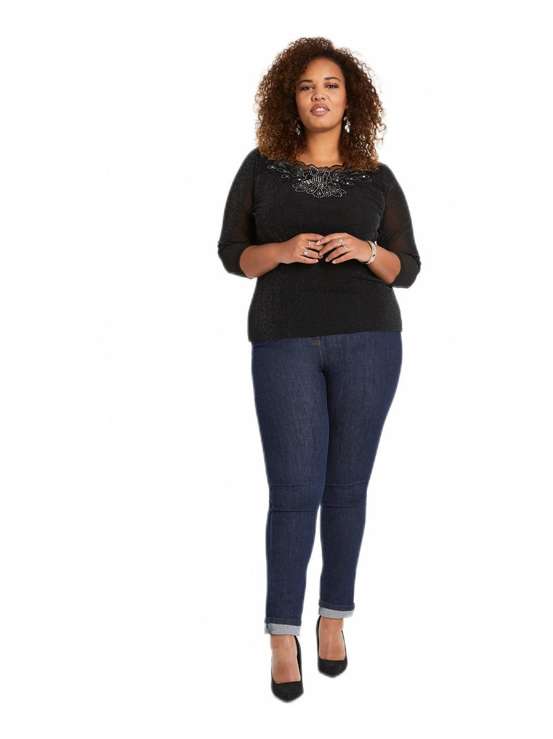 T-shirt manches 3/4 brodé brillant Noir - Kiabi