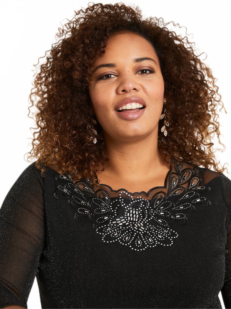 T-shirt manches 3/4 brodé brillant Noir - Kiabi