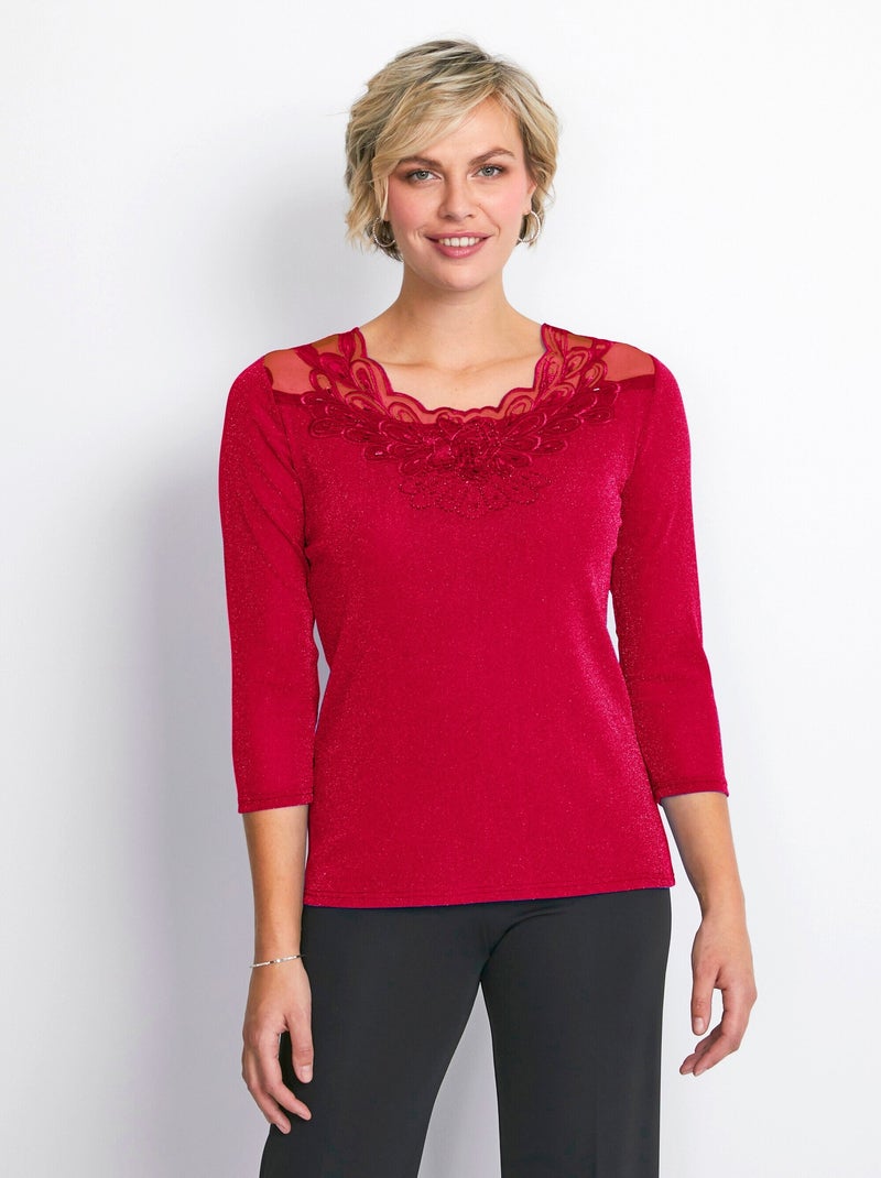 T-shirt manches 3/4 brodé brillant Rouge - Kiabi