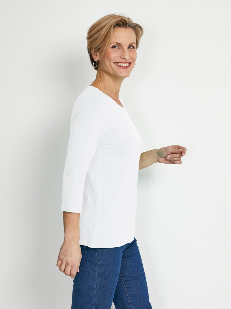 T-shirt manches 3/4 clouté fantaisie Blanc - Kiabi