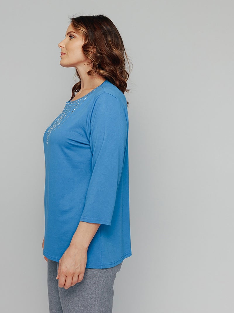 T-shirt manches 3/4 clouté fantaisie Bleu - Kiabi