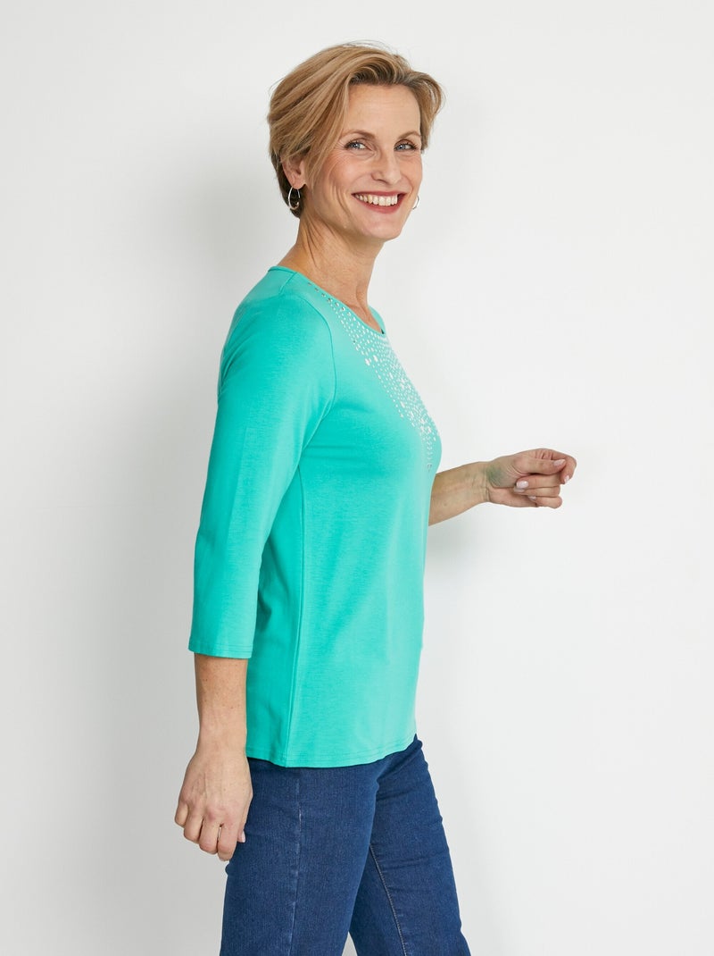 T-shirt manches 3/4 clouté fantaisie Vert - Kiabi