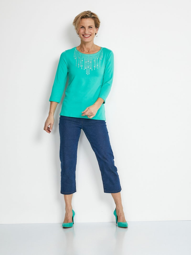 T-shirt manches 3/4 clouté fantaisie Vert - Kiabi