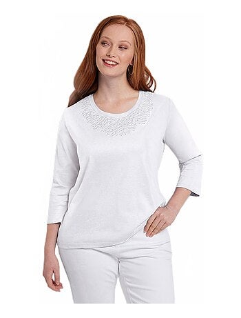 T-shirt manches 3/4 col brodé clouté